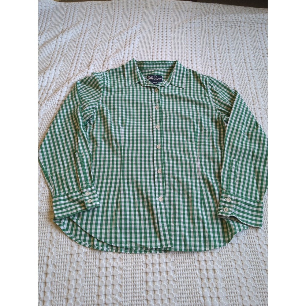 Lesley Evers Gingham Check Button Up Long Sleeve Top Size Large Green White